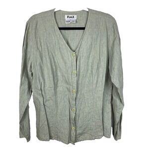 Flax Top Medium Green button up cinch waist lagenlook shirt minimalist blouse